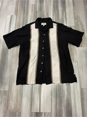 Island Shores 100% Washable Silk coastal Camp Shirt XL Black Beige Y2K style